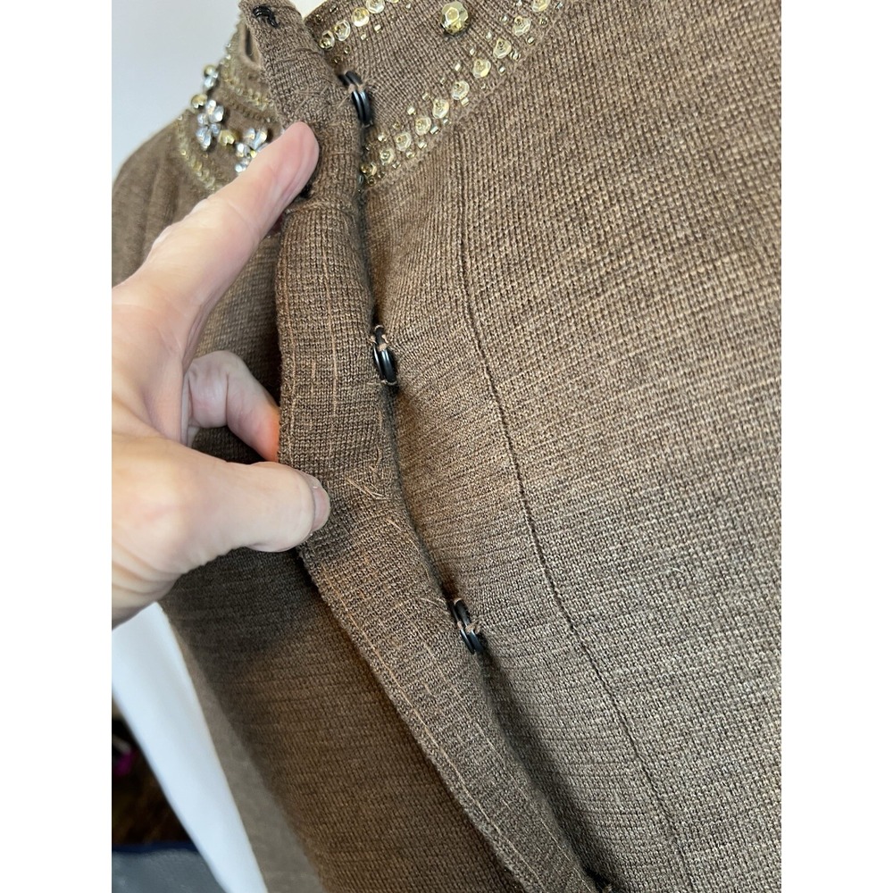 Tracy Reese Beautiful Beaded  Brown Wool Wide Sleeve Shift Dress Small Damaged - Picture 3 of 14